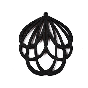 Natural Poplar Wood Big Pendants, Dyed, Flower, Black, 54.5x45x2mm, Hole: 1.4mm