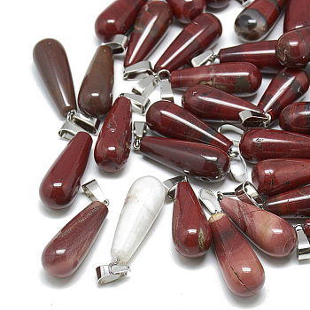 Natural Red Jasper Pendants, with Stainless Steel Snap On Bails, teardrop, 28~30x10~12mm, Hole: 6x4mm