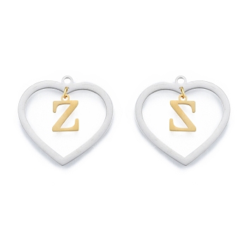 201 Stainless Steel Pendants, Hollow, Heart with Letter A~Z, Real Gold Plated & Stainless Steel Color, Letter.Z, 29x29.5x1mm, Hole: 2mm, A~Z: 12x8~10.5x1mm