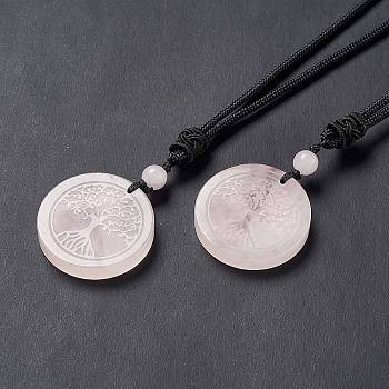 Natural Rose Quartz Flat Round with Tree of Life Pendant Necklace with Nylon Cord for Women, 25.59~27.95 inch(65~71cm)