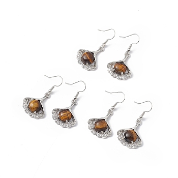 Natural Tiger Eye Ginkgo Leaf Dangle Earrings with Crystal Rhinestone, Platinum Brass Jewelry for Women, 40mm, Pin: 0.6mm