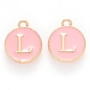 Golden Plated Alloy Enamel Charms, Cadmium Free & Lead Free, Enamelled Sequins, Flat Round with Letter, Pink, Letter.L, 14x12x2mm, Hole: 1.5mm