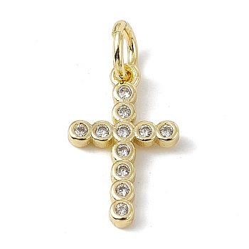 Brass Micro Pave Cubic Zirconia Charms, with Jump Rings, Religion Cross Charms, Real 18K Gold Plated, 14x9x1.5mm, Hole: 3.4mm