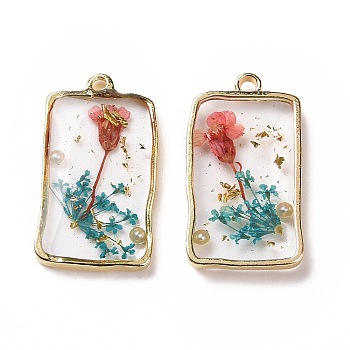 Transparent Clear Epoxy Resin Pendants, with Edge Golden Plated Alloy Loops, Rectangle Charms with Inner Flower, Dark Cyan, 26x14.5x3mm, Hole: 2mm