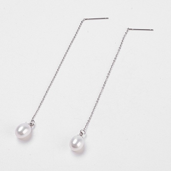 Cultured Freshwater Pearl Dangle Stud Earrings, Ear Thread, with 304 Stainless Steel Findings, Cardboard Boxes, White, 96~98x1mm, Pin: 0.8mm