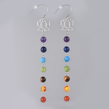 Gemstone Dangle Earrings, with Lotus Alloy Findings, 304 Stainless Steel Earring Hooks and Plastic Ear Nuts/Earring Back, Colorful, 137mm, pin: 0.7mm
