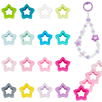 Elite 32Pcs 16 Colors Star Food Grade Eco-Friendly Silicone Beads, Chewing Beads For Teethers, DIY Nursing Necklaces Making, Mixed Color, 18.5x19.5x7.5mm, Hole: 2mm, Inner Diameter: 10.5x12mm, 2pcs/color