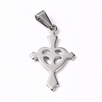 304 Stainless Steel Pendants, Cross with Heart, Stainless Steel Color, 30.5x18.5x1.5mm, Hole: 8x3mm