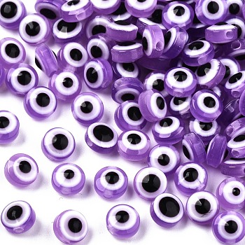 Resin Beads, Flat Round, Evil Eye, Lilac, 6x4mm, Hole: 1.5mm