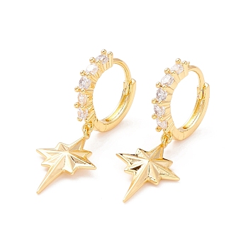 Star Dangle Huggie Hoop Earrings, Real 18K Gold Plated Brass Cubic Zirconia Drop Earrings for Women, Clear, 31x14x2mm, Pin: 1mm