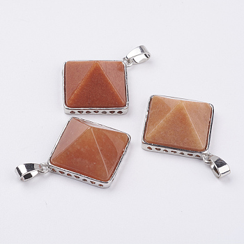 Natural Red Aventurine Pendants, with Brass Finding, Pyramid, Platinum, 28.5x32x13mm, Hole: 3.5x6mm