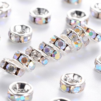 Brass Grade A Rhinestone Spacer Beads, Silver Color Plated, Nickel Free, Crystal AB, 5x2.5mm, Hole: 1mm