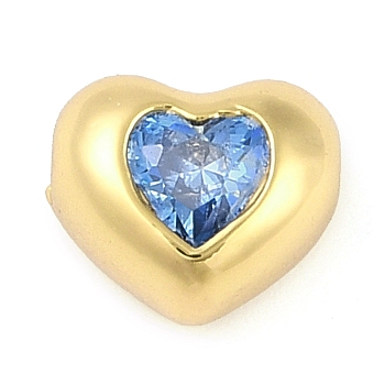 Brass Micro Pave Cubic Zirconia Beads, Heart, Deep Sky Blue, 7x8x5mm, Hole: 1.2mm