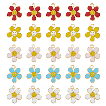 50Pcs 5 Colors Alloy Enamel Pendants, Light Gold, Flower with Smiling Face Charm, Mixed Color, 21.5x18x1.5mm, Hole: 2mm, 10pcs/color