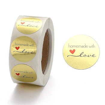 DIY Scrapbook, Decorative Adhesive Tapes, Flat Round with Word Handmade with Love, Gold, 25mm, about 500pcs/roll