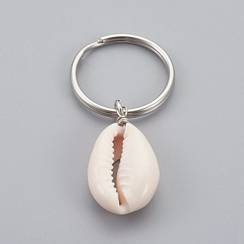 Cowrie Shell Keychain, with 316 Surgical Stainless Steel Keychain Clasps, Bisque, Stainless Steel Color, 55mm