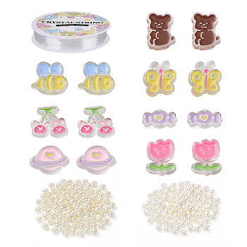 DIY Animal and Flower Beads Kid Bracelet DIY Making Kit, Including Transparent Acrylic Enamel Beads, ABS Plastic Pearl Beads, Elastic Thread, Mixed Color, Beads: 214Pcs/set