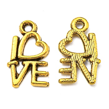 For Valentine's Day Tibetan Style Alloy Antique Golden Charms, Lead Free and Cadmium Free, Heart with Love, 14.5x8mm, Hole: 1mm
