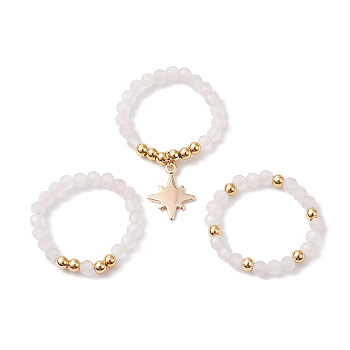 3Pcs 3 Styles Natural Rose Quartz Beaded Stretch Rings Set, Stackable Rings with Brass Star Charms, Inner Diameter: 21~22mm, 1Pc/style