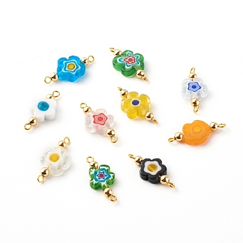Handmade Millefiori Glass Links Connectors, with Golden 304 Stainless Steel Loops, Flower, Mixed Color, 25x12x4mm, Hole: 1.6~1.8mm