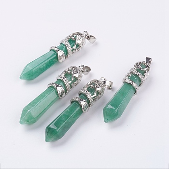 Natural Green Aventurine Big Pointed Pendants, with Alloy Findings, Faceted, Bullet, Platinum, 59~63x11~12mm, Hole: 4x7mm