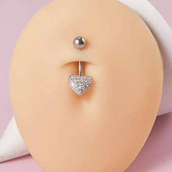 304 Stainless Steel with Crystal Rhinestone Belly Rings, Stainless Steel Color, Heart, Bar Length: 3/8"(10mm), Pin: 1.6mm