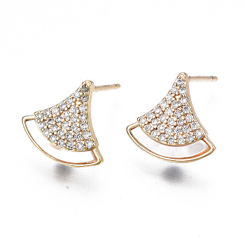 Brass Micro Pave Clear Cubic Zirconia Earring Findings, with Shell, Nickel Free, Fan, Real 18K Gold Plated, 11.5x12mm, Hole: 1mm, Pin: 0.8mm