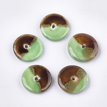 Handmade Porcelain Beads, Fancy Antique Glazed Porcelain, Two Tone, Flat Round, Light Green, 21~22x5mm, Hole: 1.5~2.5mm