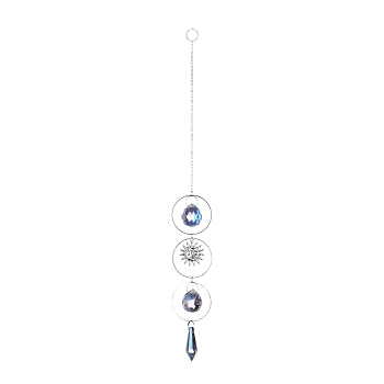 AB Color Plated Crystal Bullet Big Pendant Decorations, Hanging Sun Catchers, with Iron Findings & Alloy Pendants, Teardrop & Sun, Clear AB, 330mm, Pendant: 170x39x21mm