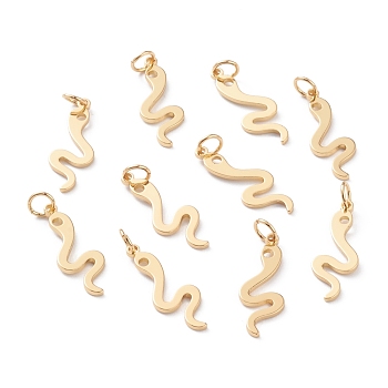 Brass Charms, Long-Lasting Plated, with Jump Rings, Snake, Real 18K Gold Plated, 22x8x1mm, Jump Ring: 5x1mm, Inner Diameter: 3mm 