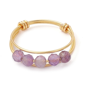 Natural Round Amethyst Beaded Finger Rings, with Golden Copper Wire Wrapped Rings, US Size 8 1/2(18.5mm), 1.5~6mm