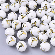 Christmas Opaque Glass Beads, Round with Electroplate Elk Christmas Reindeer/Stag Pattern, Golden Plated, 10mm, Hole: 1.2mm(EGLA-R113-03C)