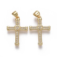 Brass Micro Pave Cubic Zirconia Pendants, Cross with Heart, Clear, Real 18K Gold Plated, 23x15.5x2.5mm, Hole: 4.5x5.5mm(ZIRC-F115-04G)