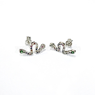 Brass Micro Pave Cubic Zirconia Stud Crawler Earrings, Climber Earrings, with Brass Ear Nuts, Snake, Colorful, Platinum, 17~17.5x8mm, Pin: 0.7mm(EJEW-F201-11P)