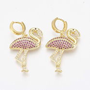 Brass Micro Pave Cubic Zirconia Hoop Earrings, Flamingo Shape, Colorful, Golden, 38mm, pin: 0.9mm(EJEW-S201-12G)
