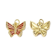 Brass Micro Pave Cubic Zirconia Pendants, with Jump Ring, Enamel Style, Butterfly Charm, Golden, Red, 15x18x2mm, Hole: 3mm(KK-E068-VB320-1)