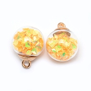 Transparent Glass Globe Pendants, with Glitter Sequins inside and CCB Pendant Bails, Round, Yellow, 20.5x16mm, Hole: 2.5mm(X-GLAA-WH0022-15A)