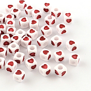 Opaque Acrylic European Beads, Large Hole Cube Beads, with Heart Pattern, Red, 7x7x7mm, Hole: 4mm(X-OPDL-S078-04)