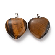 Natural Tiger Eye Pendants, Heart Charms, with Rack Plating Platinum Tone Brass Snap on Bails, 32~33x30~31x12~13mm, Hole: 5x8mm(G-B042-02P-06)