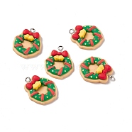 Christmas Theme Opaque Resin Pendants, with Platinum Tone Iron Findings, Christmas Wreath, Green, 26x21x6mm, Hole: 2mm(FIND-E025-08)