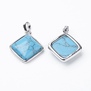 Synthetic Turquoise Pendants, with Brass Findings, Rhombus, Platinum, 25x29x7mm, Hole: 5x7mm, 18x18mm(G-E420-02P)