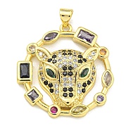 Brass Micro Pave Cubic Zirconia Pendants, Leopard Head with Ring Charms, Real 18K Gold Plated, 31x29.5x5.5mm, Hole: 4.5x3mm(KK-K354-19A-G)
