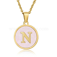 Natural Shell Initial Letter Pendant Necklace, with Golden Stainless Steel Cable Chains, Letter N, 17.72 inch(45cm)(LE4192-26)