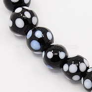 Handmade Lampwork Round Beads Strands, polka-dotted, Black, 8mm, Hole: 1mm, about 35pcs/strand, 10.43 inch(LAMP-L007-8mm-03)