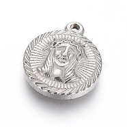 304 Stainless Steel Pendants, Flat Round with Jesus, For Easter, Stainless Steel Color, 18~18.2x15~15.2x3~3.1mm, Hole: 1.6~1.8mm(STAS-I105-A-50P)