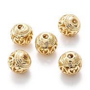 Alloy Hollow Beads, Round with Heart, Cadmium Free & Lead Free, Real 18K Gold Plated, 8x7~8mm, Hole: 1.5~2mm(PALLOY-P238-23G-RS)