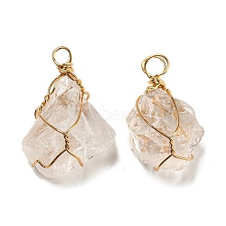 Raw Rough Natural Gemstone Iron Wire Wrapped Pendants, Rock Crystal Nuggets Charms, Golden, 30.5~46x19~28.5x19~25.5mm, Hole: 4~7mm(G-H308-03G-01)