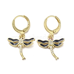 Dragonfly Real 18K Gold Plated Brass Dangle Leverback Earrings, with Enamel and Cubic Zirconia, Black, 30x17.5mm(EJEW-L268-011G-01)