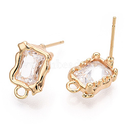 Brass Stud Earring Finding, with Clear Glass and Horizontal Loops, Rectangle, Real 18K Gold Plated, 13.5x9mm, Hole: 1.8mm, Pin: 0.7mm(KK-C031-29G)