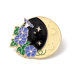 Moon with Flower Enamel Pin, Alloy Badge for Backpack Clothes, Golden, Light Steel Blue, 27x32.5x1.5mm, Pin: 1mm(JEWB-H008-44G)